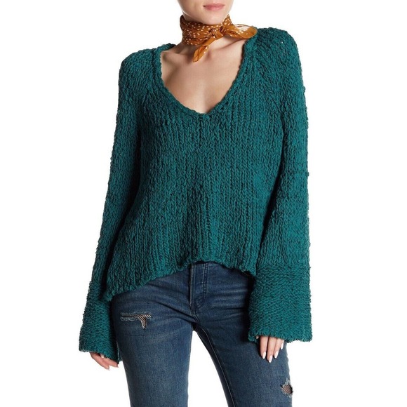 FREE PEOPLE Sand Dune Green Chunky Knit Sweater Bell Sleeve Sz M - Picture 10 of 11